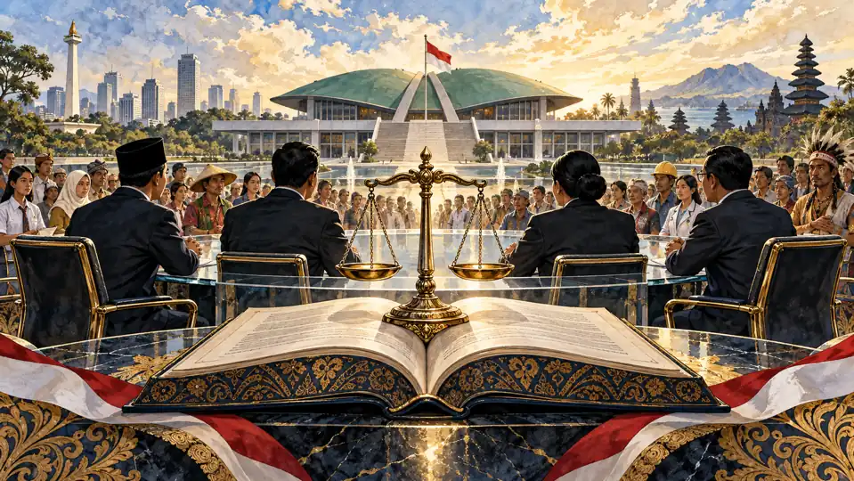 Ilustrasi editorial konstitusi, parlemen, timbangan, dan warga dalam pembahasan tata negara.