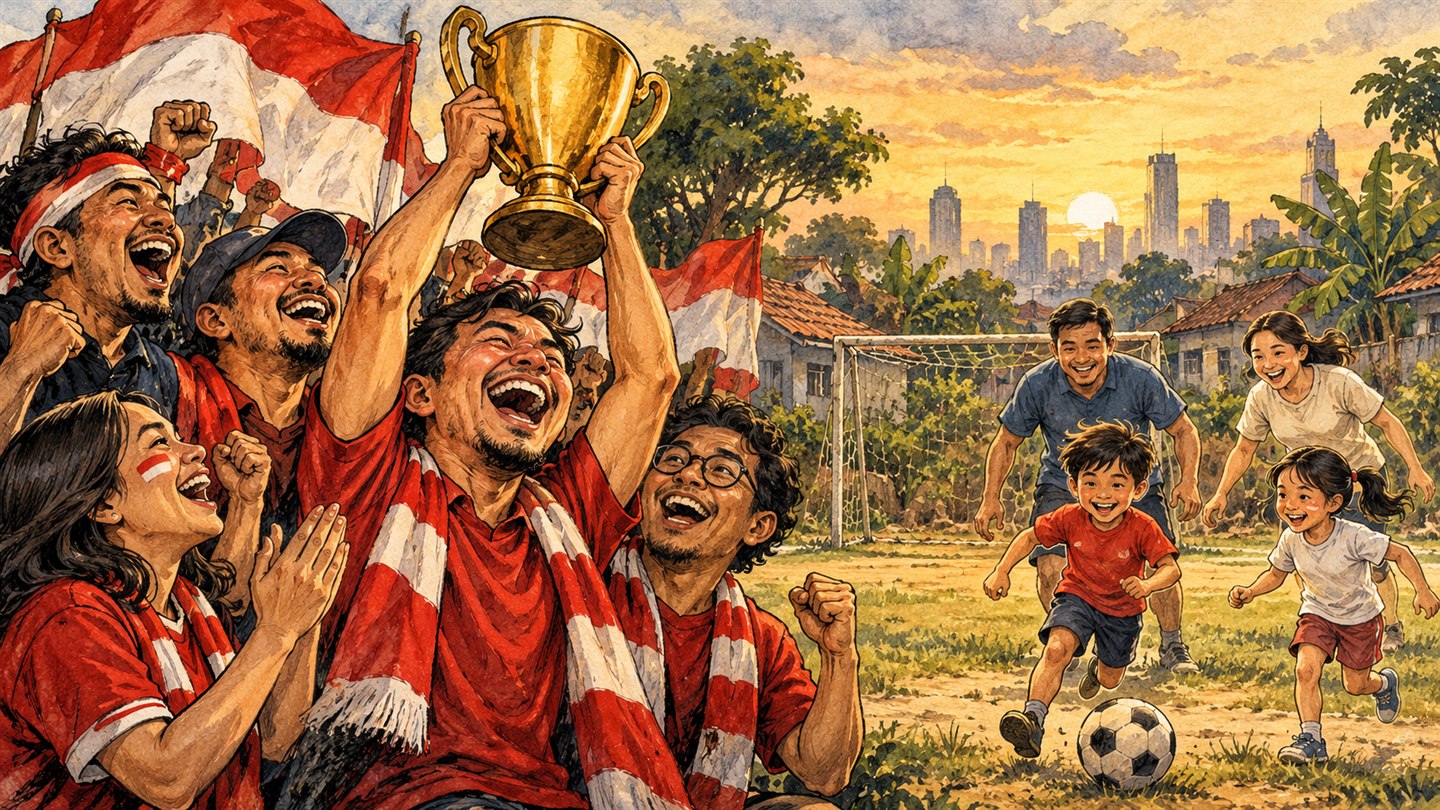 Karikatur konseptual: Pendukung sepak bola merayakan trofi dan keluarga bersiap bermain bola. Bukan foto kejadian atau potret tokoh sebenarnya.
