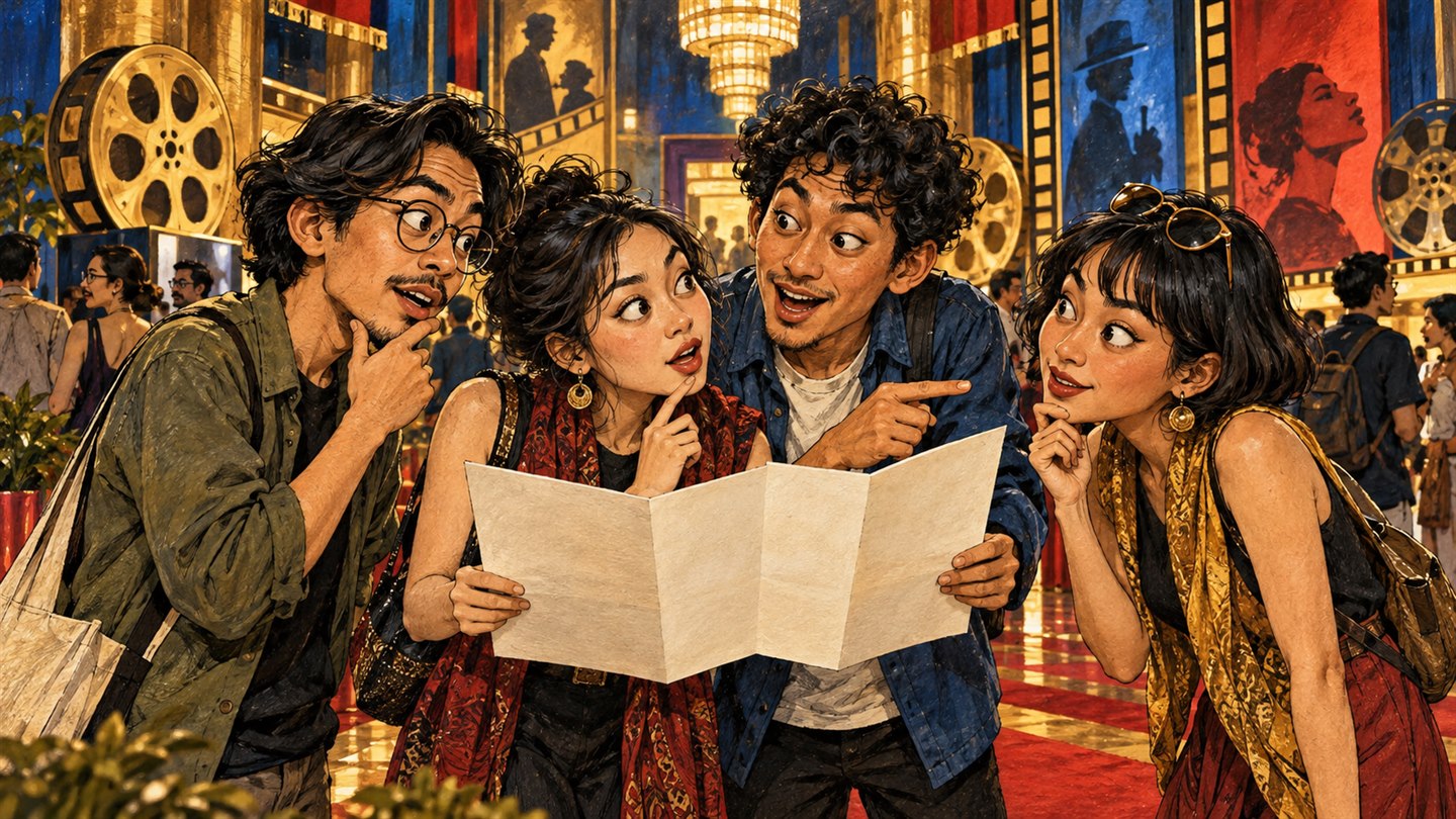 Karikatur konseptual: Pengunjung festival film fiktif memilih pemutaran dan bertukar pertanyaan. Bukan foto kejadian atau potret tokoh sebenarnya.