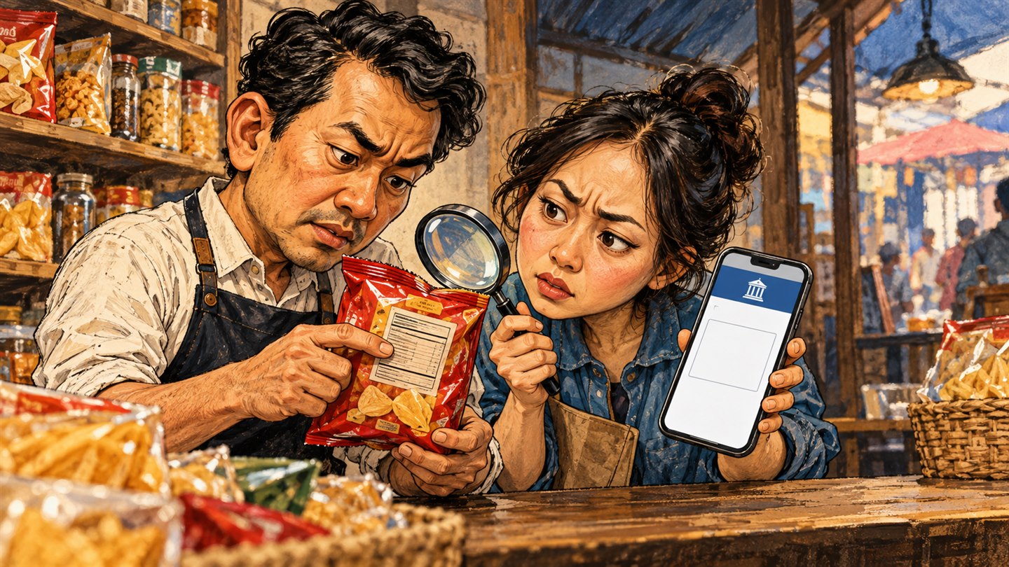 Karikatur konseptual: Pelaku usaha dan konsumen fiktif memeriksa informasi sebuah produk pangan. Bukan foto kejadian atau potret tokoh sebenarnya.