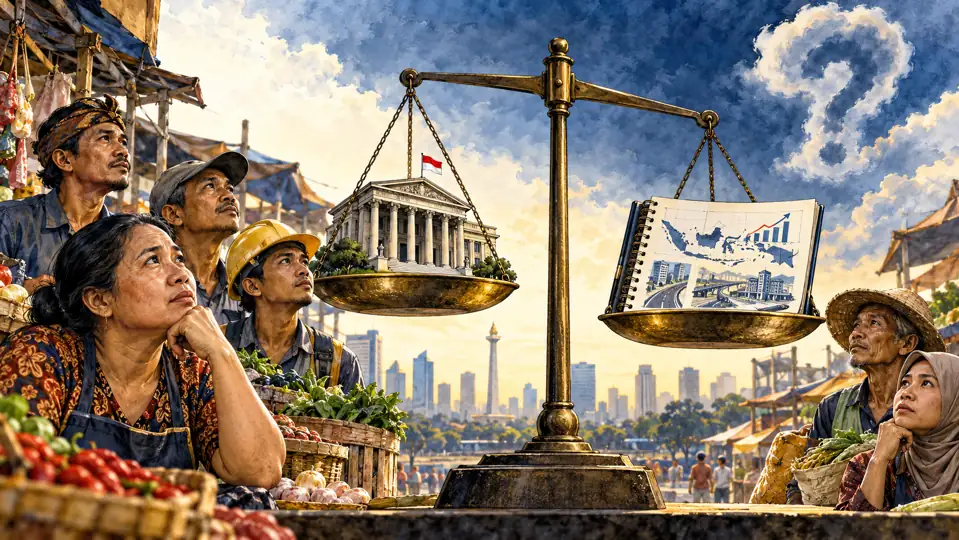 Ilustrasi editorial pedagang kecil dan timbangan risiko; tidak menggambarkan kerugian yang telah terukur.