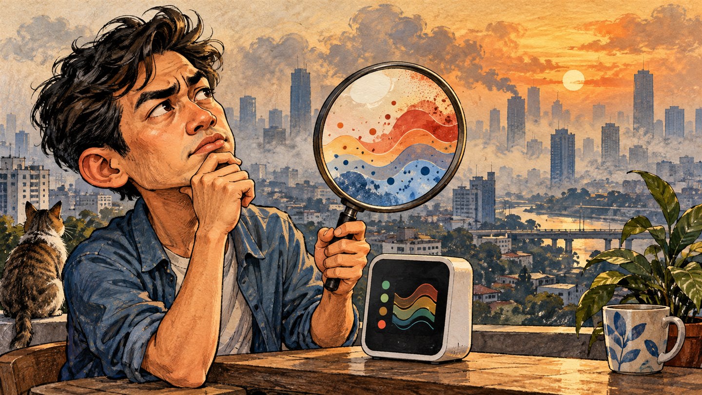 Karikatur konseptual: Warga fiktif mengamati langit berkabut dan alat pemantau udara. Bukan foto kejadian atau potret tokoh sebenarnya.