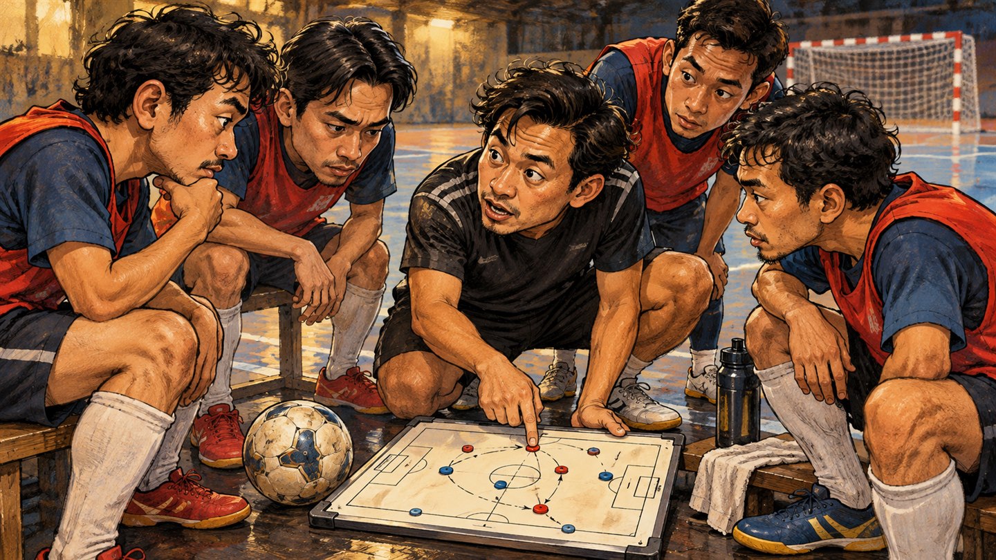 Karikatur konseptual: Tim futsal fiktif mendiskusikan pola permainan bersama. Bukan foto kejadian atau potret tokoh sebenarnya.