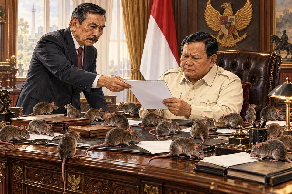 Luhut menyerahkan laporan kepada Prabowo di meja dengan tikus-tikus sebagai metafora editorial korupsi.
