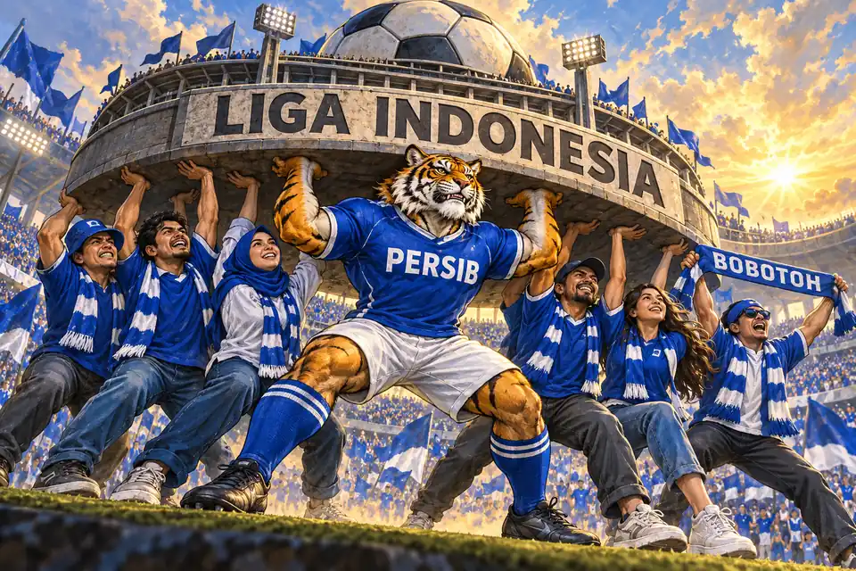 Sosok heroik Maung Bandung berkostum biru putih bersama Bobotoh mengangkat bola besar dan stadion simbolis yang melambangkan sepak bola Indonesia.